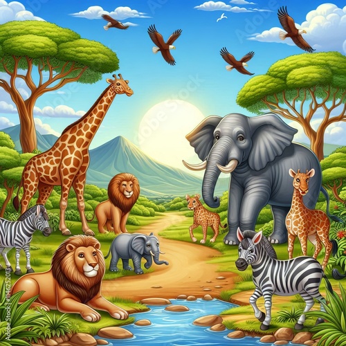 Safari Adventure A safari scene with elephants giraffes lions an photo