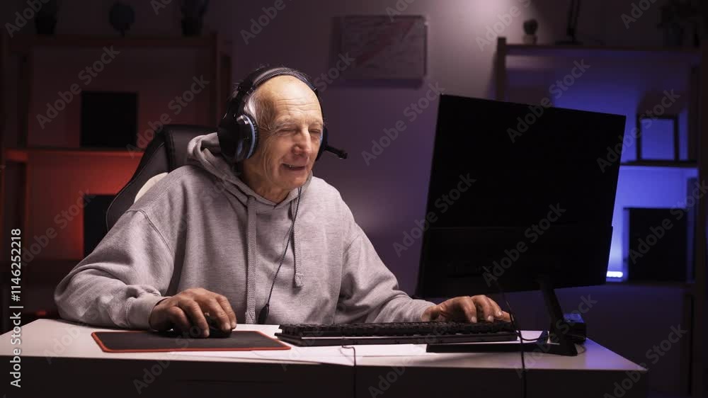 Old Streamer Angry elderly man computer gamer yells after being defeated in video game. Old Streamer Angry elderly man computer gamer yells after being defeated in video game.