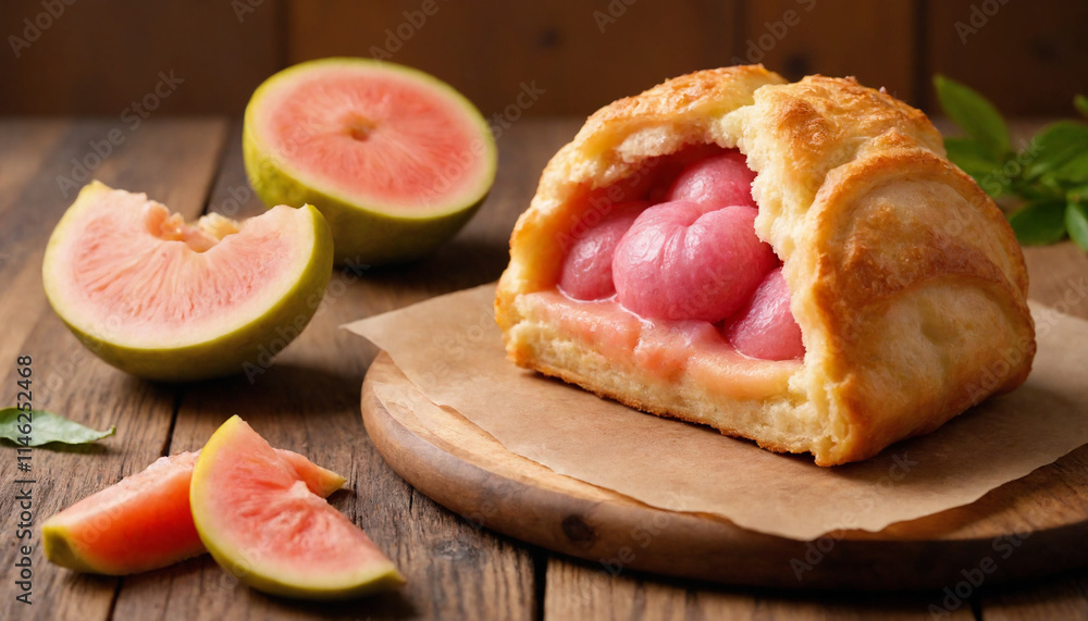 Guava pastry in rustic style in pink and green colors representing a delicious dessert Guava pastry in rustic style in pink and green colors representing a delicious dessert