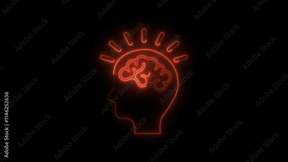 Neon Animation of Human Head with Glowing Brain and Rays, Symbolizing Ideas, Creativity, and Innovation Neon Animation of Human Head with Glowing Brain and Rays, Symbolizing Ideas, Creativity, and Innovation