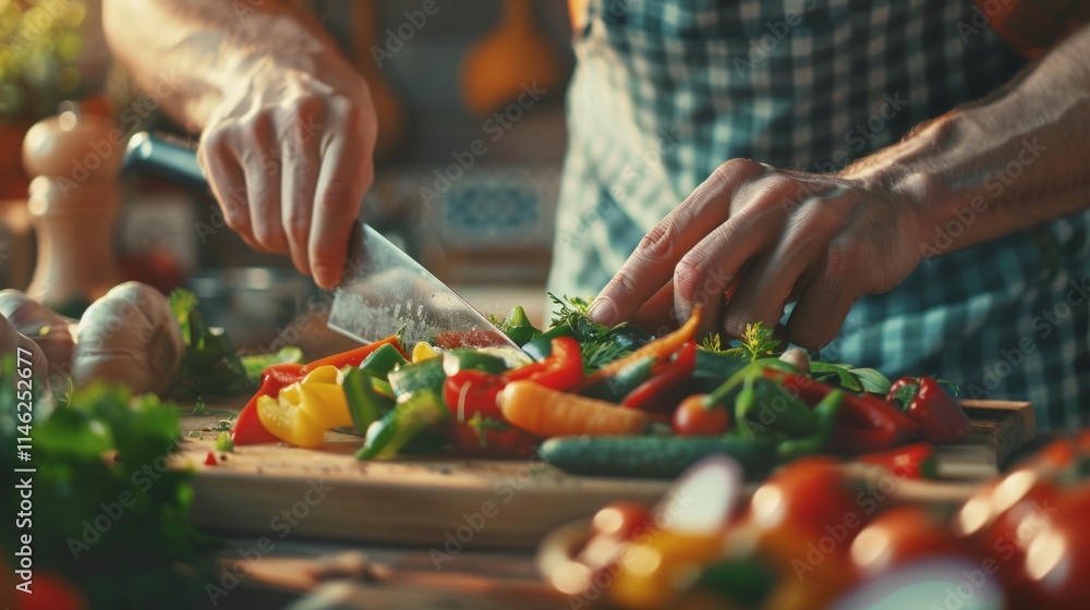 Close-up of hands chopping colorful vegetables on wooden board. Close-up of hands chopping colorful vegetables on wooden board.