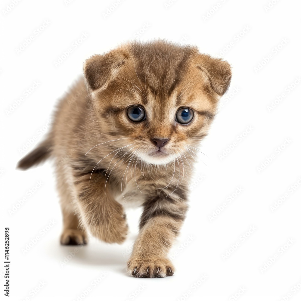 Small golden shaded british shorthair kitten walking towards the camera against white background Small golden shaded british shorthair kitten walking towards the camera against white background