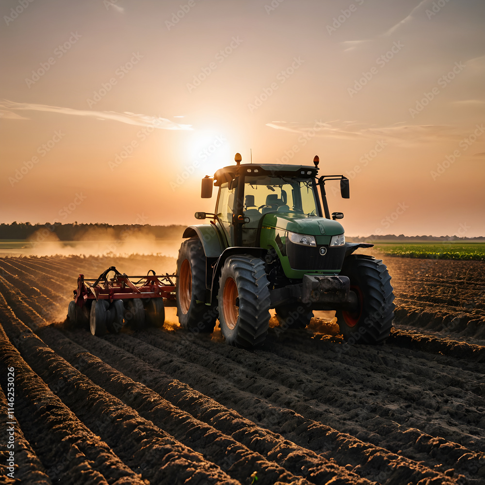 Fototapeta premium arafed tractor in a field with a plow in the background