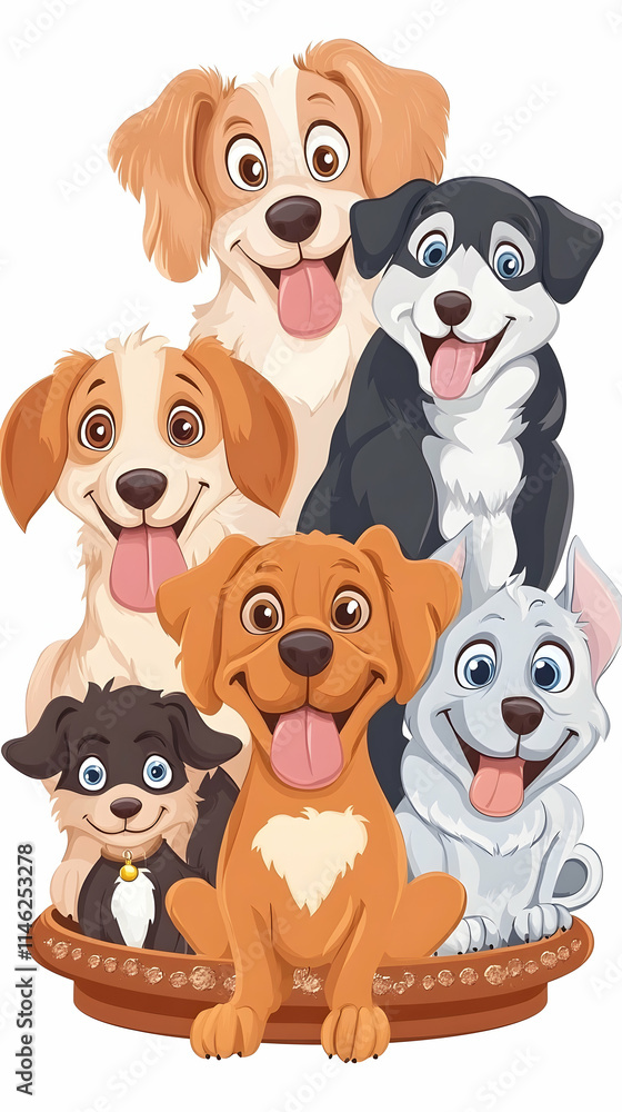 Happy cartoon dogs group portrait, white background, pet adoption, children's book illustration. Happy cartoon dogs group portrait, white background, pet adoption, children's book illustration.
