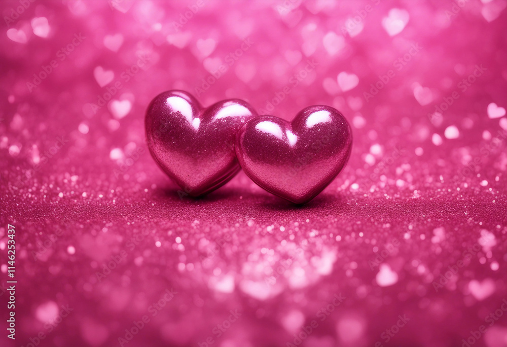 Two Hearts On Pink Glitter In Shiny Background Valentines Day Concept Two Hearts On Pink Glitter In Shiny Background Valentines Day Concept