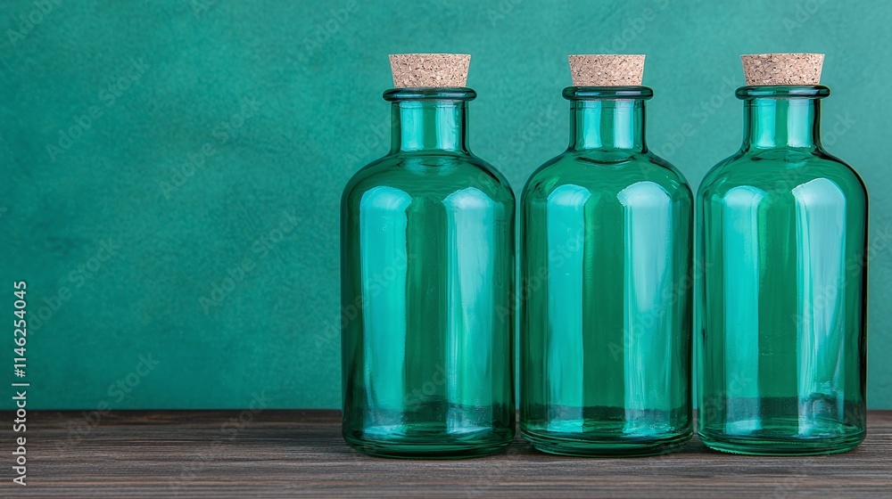 Teal Glass Bottles with Cork Stoppers on Wooden Surface Teal Glass Bottles with Cork Stoppers on Wooden Surface
