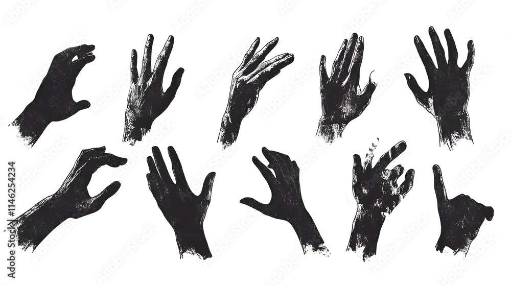 Fototapeta premium Decaying Hands A Collection of Distressed, Grainy, Black and White Hand Illustrations