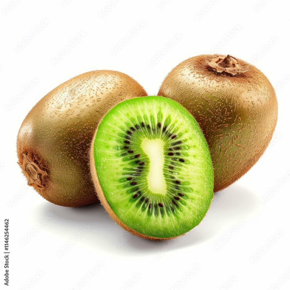 Kiwi fruits isolated on white background, featuring two whole kiwis and one cut in half, exposing the vibrant green pulp and black seeds Kiwi fruits isolated on white background, featuring two whole kiwis and one cut in half, exposing the vibrant green pulp and black seeds