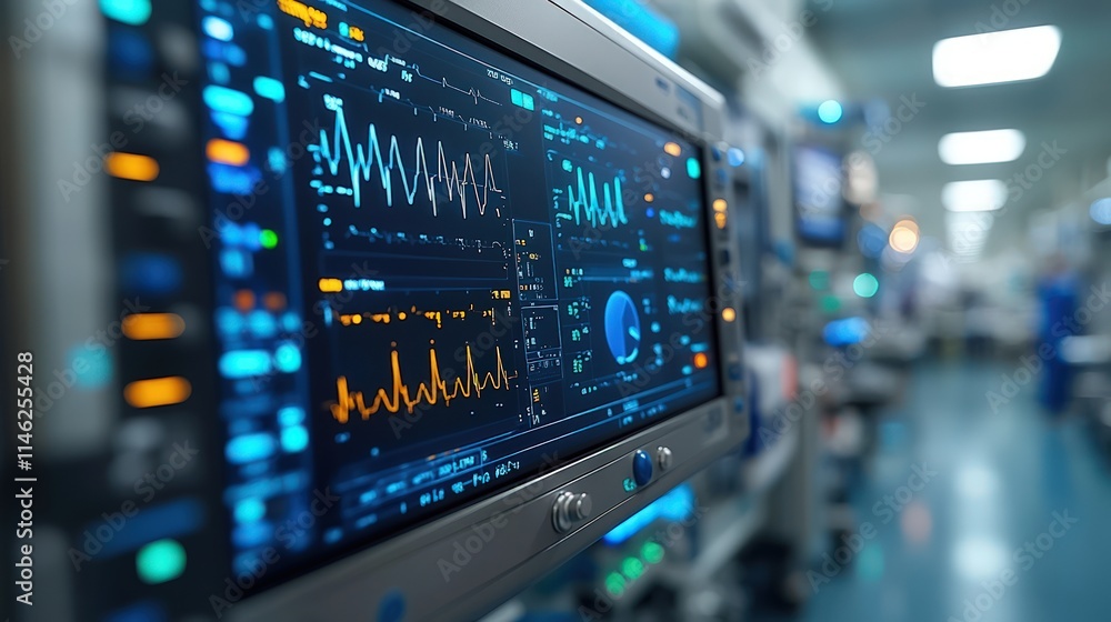 Close-up of medical monitor displaying vital signs in a hospital. Close-up of medical monitor displaying vital signs in a hospital.
