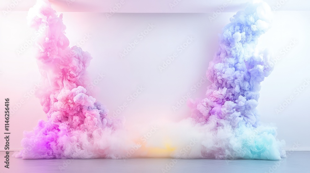 Fototapeta premium Colorful pastel smoke clouds framing a minimalist white studio background.