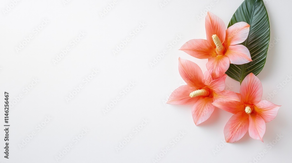Naklejka premium Coral flowers and green leaf on white background.