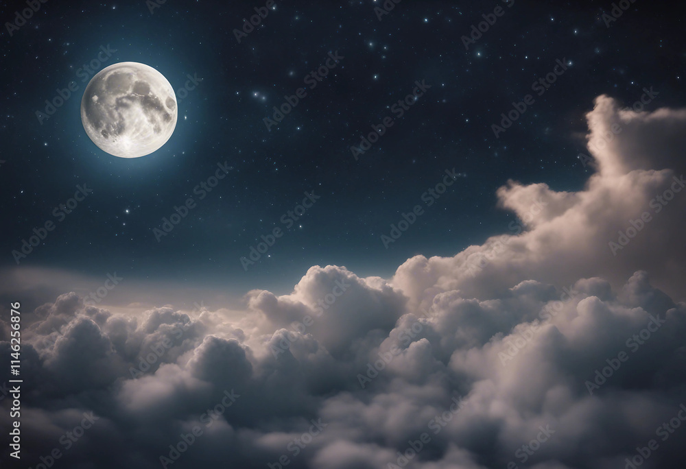 Romantic Moon In Starry Night Over Clouds Romantic Moon In Starry Night Over Clouds