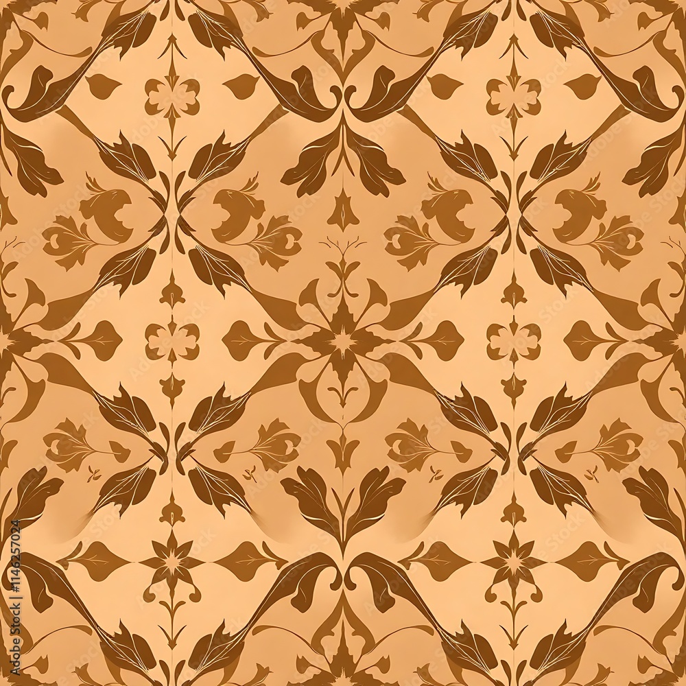 Fototapeta premium Intricate Floral Damask Pattern in Earthy Tones: A seamless and elegant pattern featuring a captivating array of intricate floral motifs in delicate shades of brown and beige.