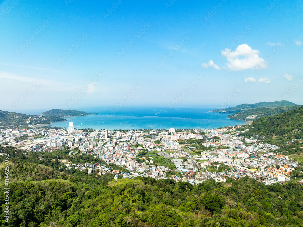 Patong bay Phuket Thailand, Amazing beautiful ocean in andaman sea, Aerial view landscape Drone camera High angle view Patong bay Phuket Thailand, Amazing beautiful ocean in andaman sea, Aerial view landscape Drone camera High angle view