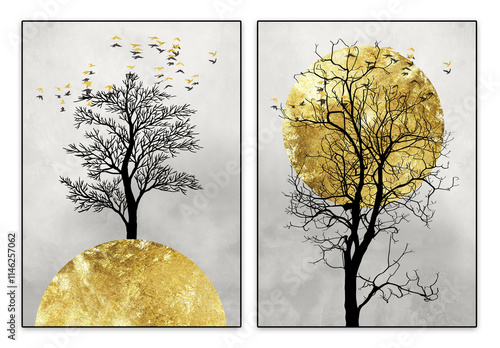 Modern canvas art mural wallpaper with black trees and light background. golden sun, Christmas tree, golden mountain.   3d illustration for wall frame artwork photo