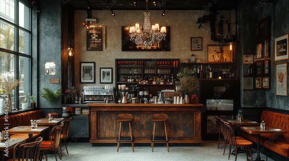 Elegant restaurant interior with a long wooden bar, seating, and vintage decor. Elegant restaurant interior with a long wooden bar, seating, and vintage decor.