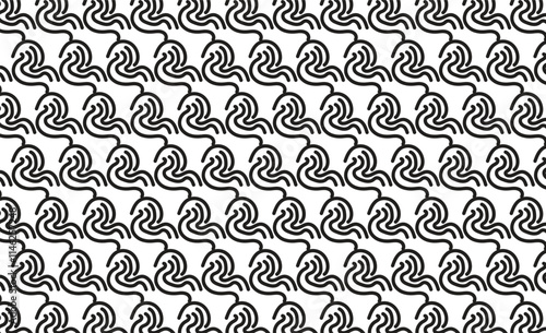 Black-and-white seamless pattern with abstract swan-like wave shapes, repeated in a rhythmic flow. Perfect for backgrounds, textiles, wallpapers, or modern design projects.