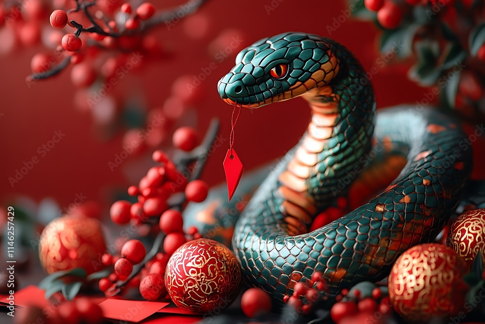 Fototapeta premium Green and Orange Snake with Red and Gold Decorations.