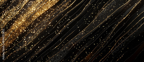 Shimmering golden glitter lines flowing elegantly on deep black background for luxurious, festive, and glamorous abstract visual design