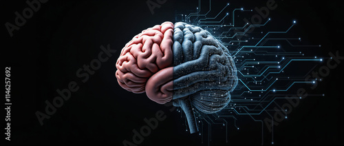 Close up of the brain combined or merging with technology, artificial intelligence concepts, Generative AI