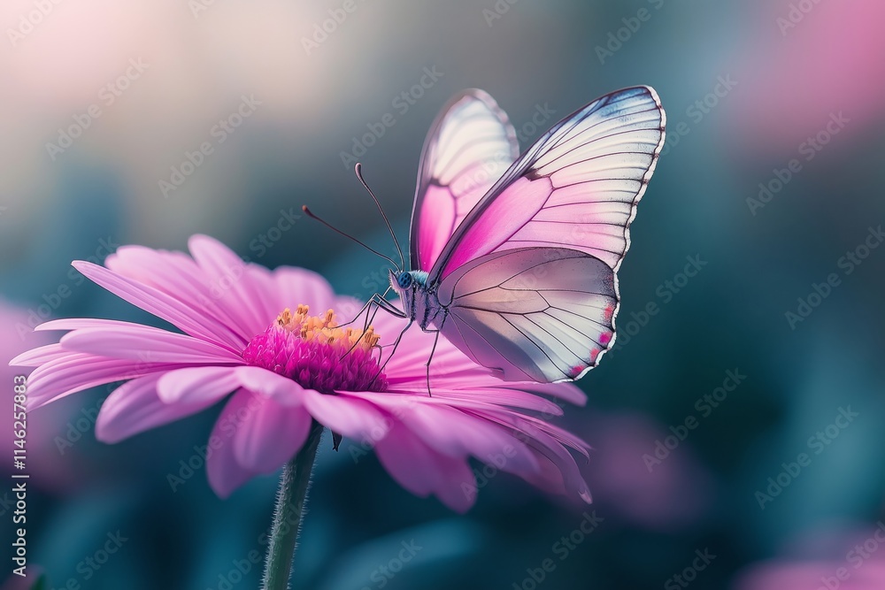 Pink butterfly resting on vibrant flower in a serene garden setting Pink butterfly resting on vibrant flower in a serene garden setting