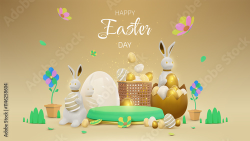 Happy Easter poster template with podium for product promotion and white rabbit and golden eggs with 3D elements. Elegant background for holiday design.
