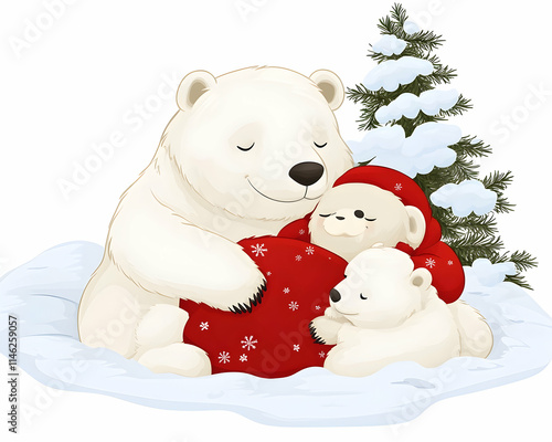 Polar bear family Christmas card winter snow scene. photo