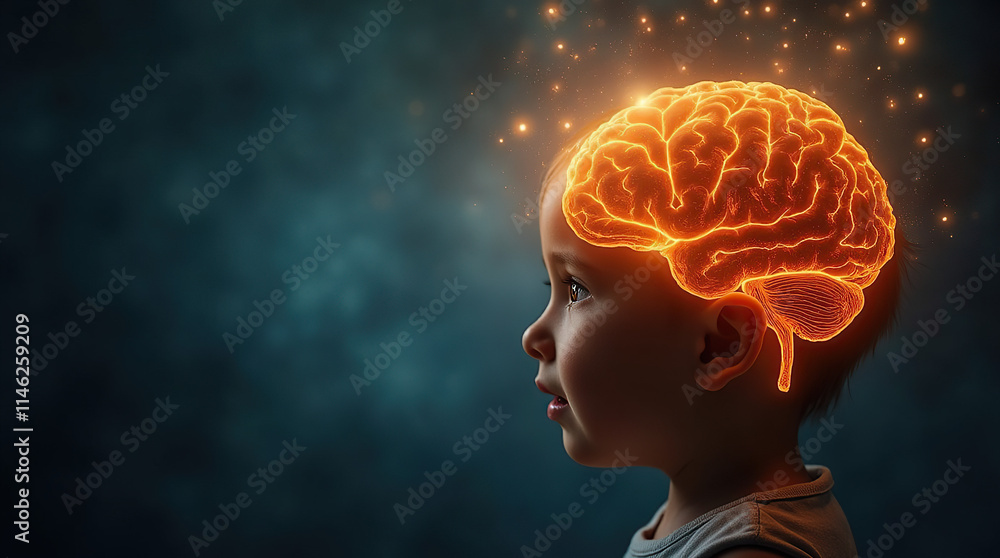 Child's brain illuminated, symbolizing cognitive development and imagination. Child's brain illuminated, symbolizing cognitive development and imagination.