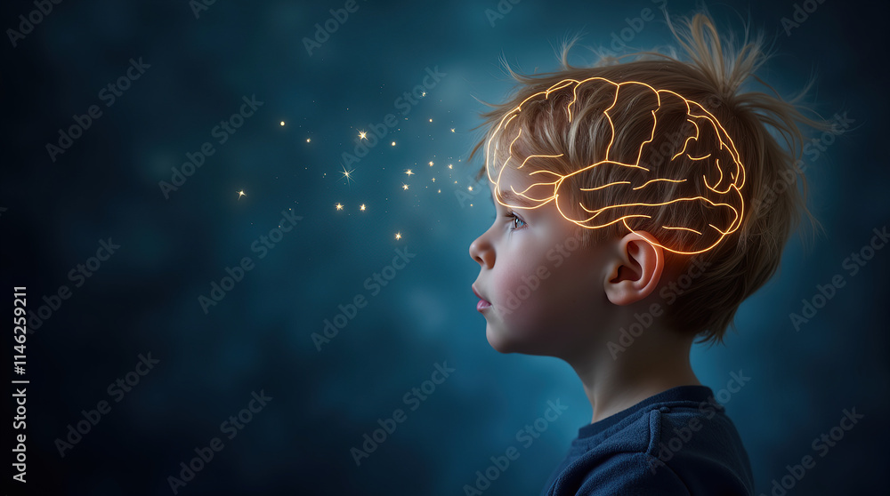 Child's brain illuminated, symbolizing cognitive development and imagination. Child's brain illuminated, symbolizing cognitive development and imagination.