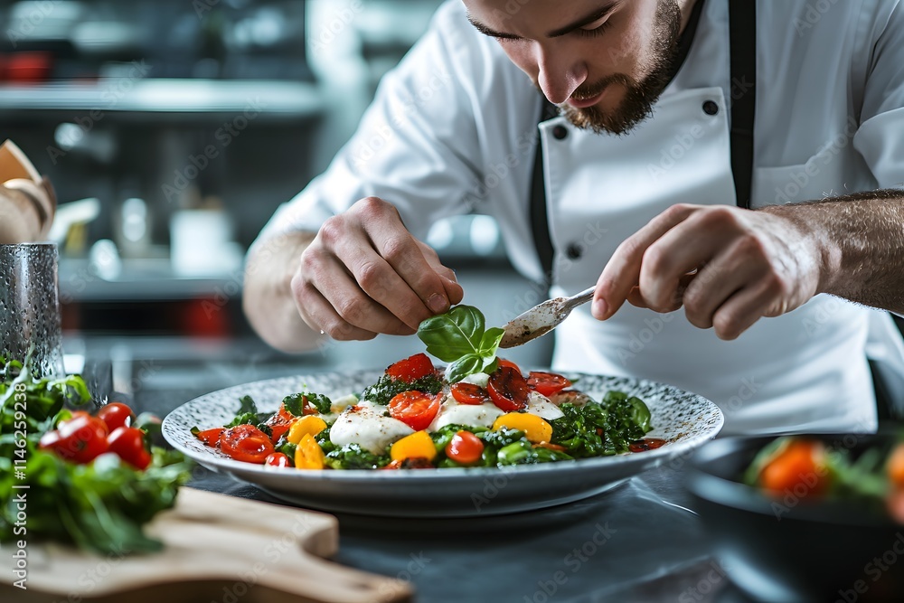 Chef Carefully Garnishing a Gourmet Dish in a Professional Kitchen with Fresh Ingredients and Vibrant Colors Chef Carefully Garnishing a Gourmet Dish in a Professional Kitchen with Fresh Ingredients and Vibrant Colors