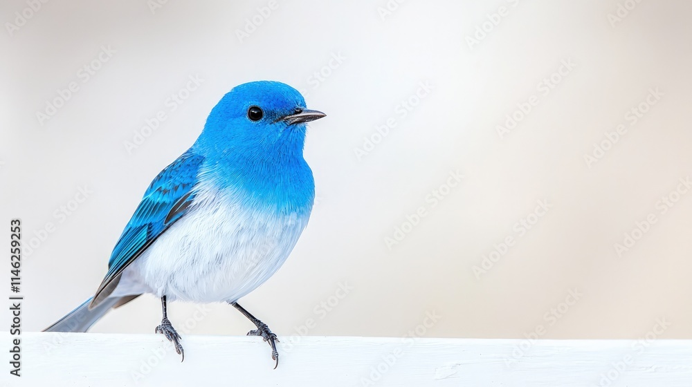 Fototapeta premium Vibrant blue bird perched on white surface.