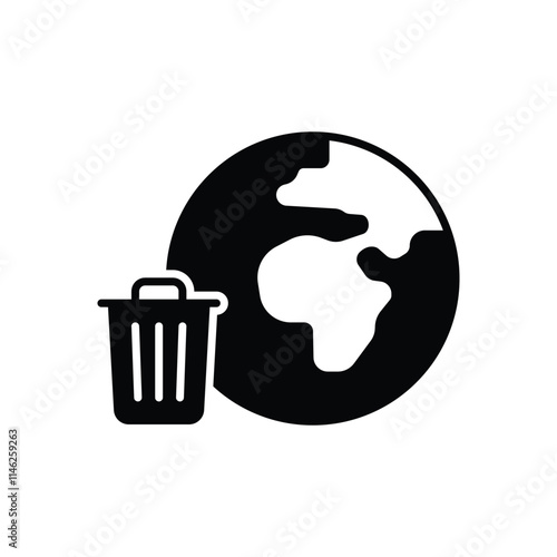 Global trash icon. Simple solid style. Earth globe, trash, recycle bin, pollution, recycling, garbage, planet, environment concept. Black silhouette, glyph symbol. Vector illustration isolated.