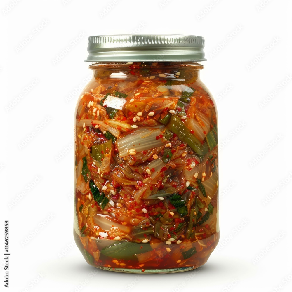 Kimchi, a traditional korean dish of fermented napa cabbage and radish, is shown in a glass jar, seasoned with gochugaru, garlic, ginger, jeotgal, and other spices Kimchi, a traditional korean dish of fermented napa cabbage and radish, is shown in a glass jar, seasoned with gochugaru, garlic, ginger, jeotgal, and other spices