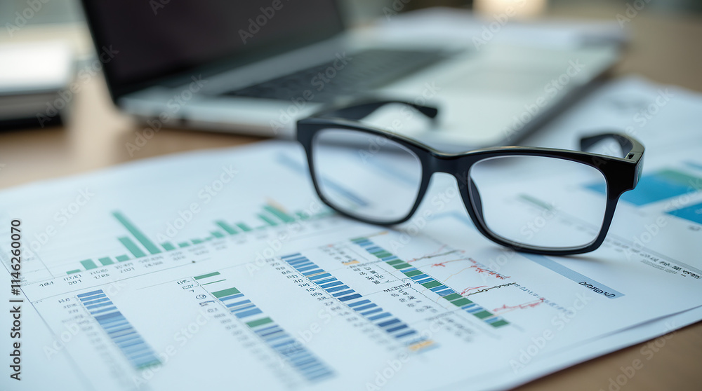 Glasses on financial documents with stock charts symbolize unauthorized trading fraud risks. Glasses on financial documents with stock charts symbolize unauthorized trading fraud risks.