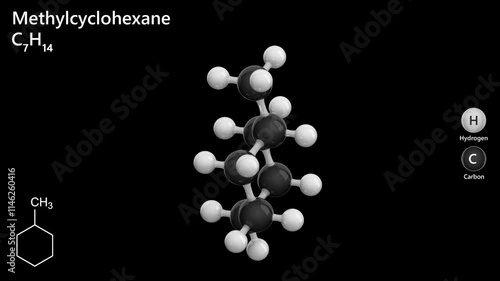 Methylcyclohexane. Cycloalkane. Animated 3D model of a molecule. Molecular formula: C7H14. Chemical model: Ball and stick. Black background. 3D rendering. Seamless loop. photo