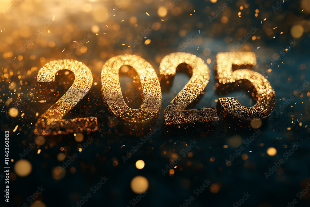Gold bright numbers 2025 on a dark blurred background, New Year Gold bright numbers 2025 on a dark blurred background, New Year