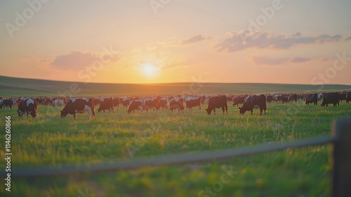 Wallpaper Mural A serene sunset over a lush green field populated by grazing cows, capturing the essence of rural tranquility. Torontodigital.ca