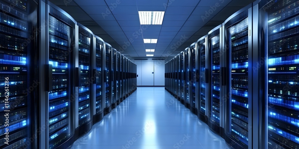 A modern data center with rows of server racks illuminated by blue lights. A modern data center with rows of server racks illuminated by blue lights.
