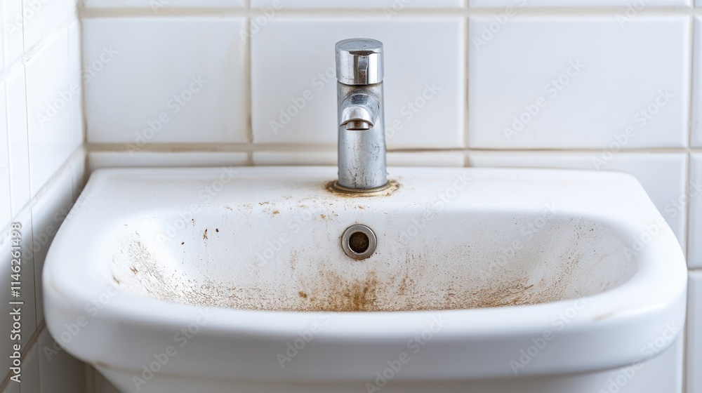 A close-up of a dirty sink with visible stains, featuring a chrome faucet, set against a tiled wall, highlighting neglect and the need for cleaning. A close-up of a dirty sink with visible stains, featuring a chrome faucet, set against a tiled wall, highlighting neglect and the need for cleaning.