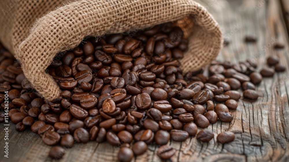 Rustic burlap sack spilling roasted coffee beans onto a wooden surface Rustic burlap sack spilling roasted coffee beans onto a wooden surface