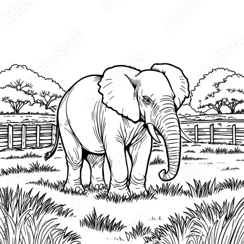 Elephant in a Field black and white sketch photo