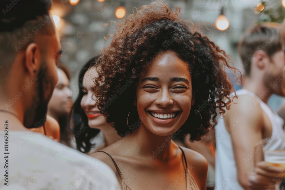 Beautiful african american girl with curly hair smiling and looking at camera with friends in background. Beautiful african american girl with curly hair smiling and looking at camera with friends in background.