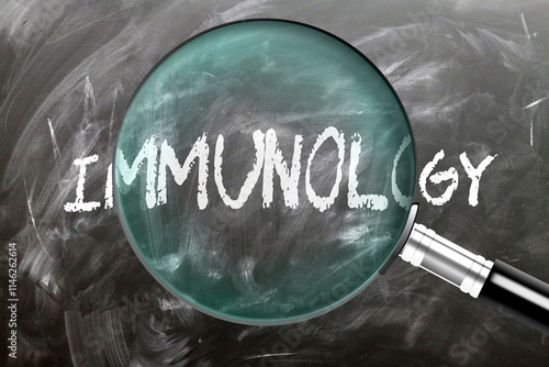 Immunology - learn, study and inspect it. Taking a closer look at immunology. A magnifying glass enlarging word 'immunology' written on a blackboard ,3d illustration photo