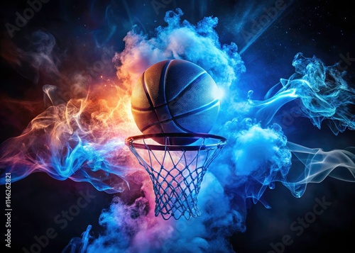 Blue neon smoke trails a basketball in low-light; dark background offers ample copy space.