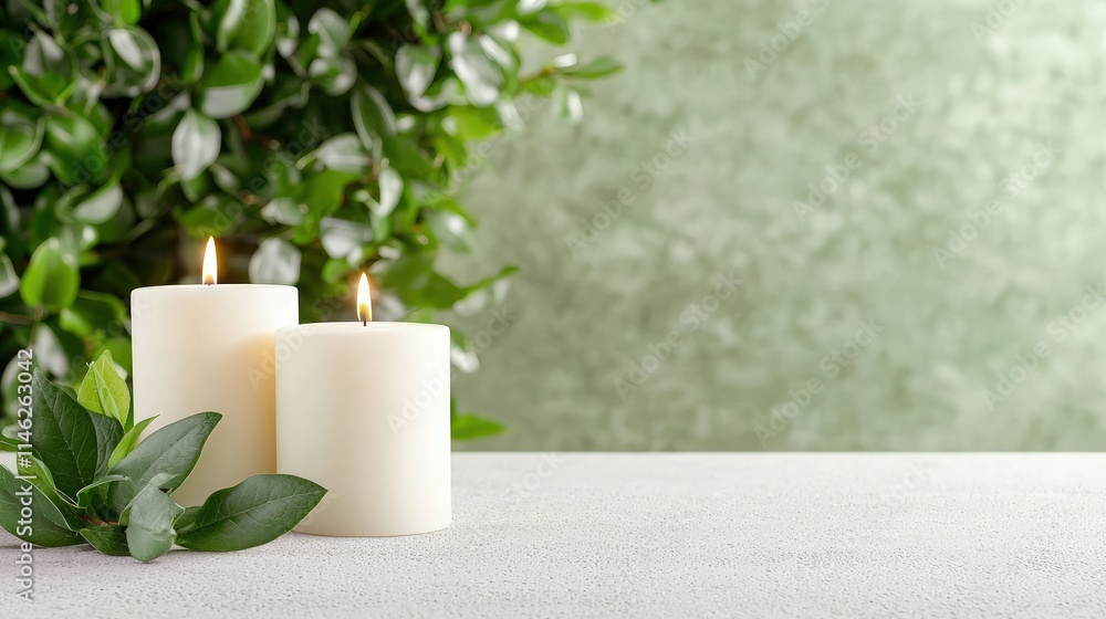 Two lit candles with green leaves on a table. Two lit candles with green leaves on a table.