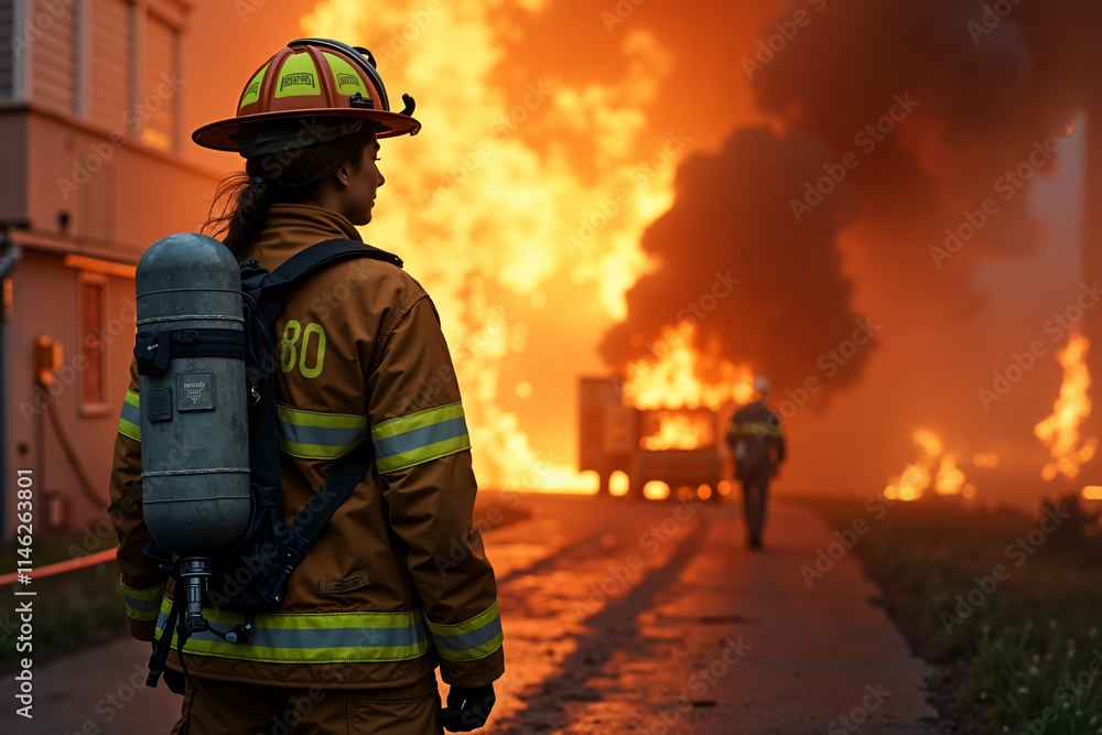 Firefighter, dressed in full gear and carrying a hose, stands on a street observing a large fire engulfing vehicles and buildings. Firefighter, dressed in full gear and carrying a hose, stands on a street observing a large fire engulfing vehicles and buildings.