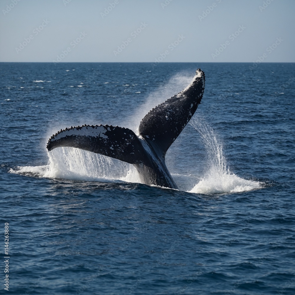 Fototapeta premium A humpback whale tail splashing in a serene blue sea.