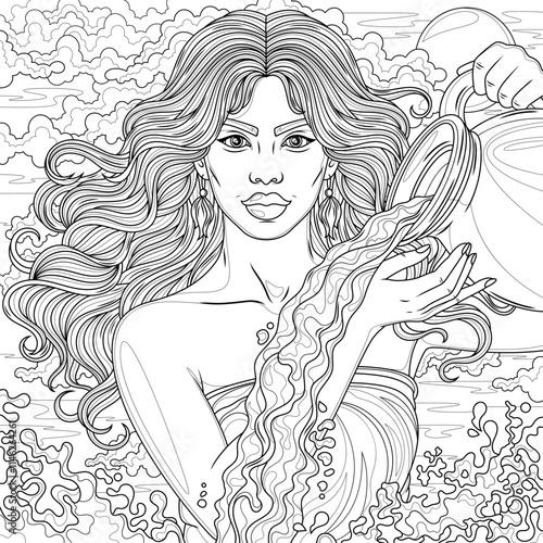A woman pours water from a jug.Coloring book antistress for children and adults.