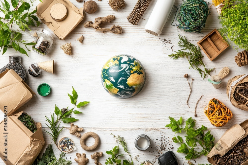 Fototapeta premium Model Surrounded by Recycled Items on White Background