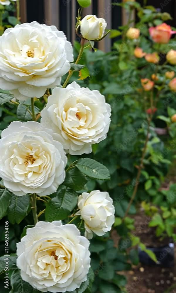 White roses blooming on a green stem in a garden. White roses blooming on a green stem in a garden.